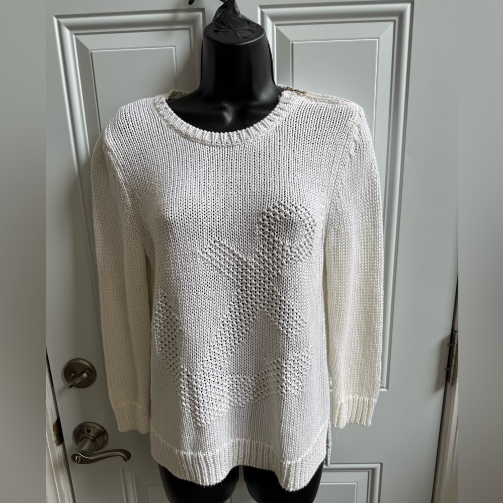 Ann Taylor Chic White Textured Knit Sweater with Anchor Detail and Zip Shoulder